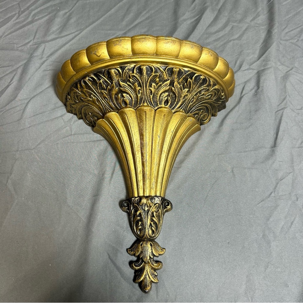 MCM Vintage Ornate Antique Gold Plastic Hollywood Regency Posh Wall Pocket